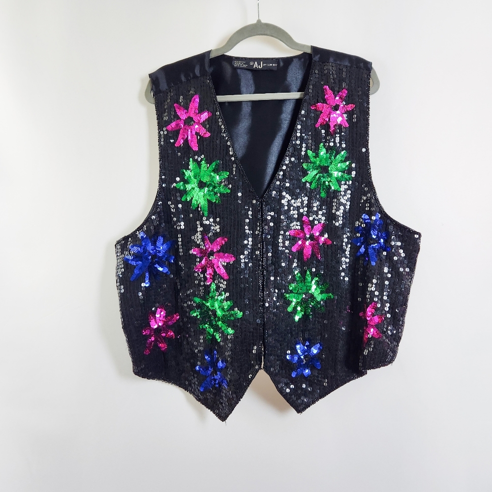 Vintage AJ brand Multicolor Sequin Flower/Fireworks Party Vest, Women's 2X